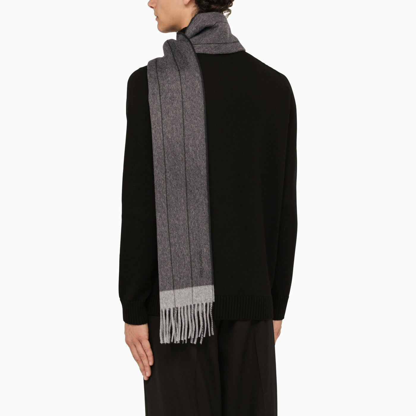 Ferragamo Blue/Grey Wool Scarf With Fringes