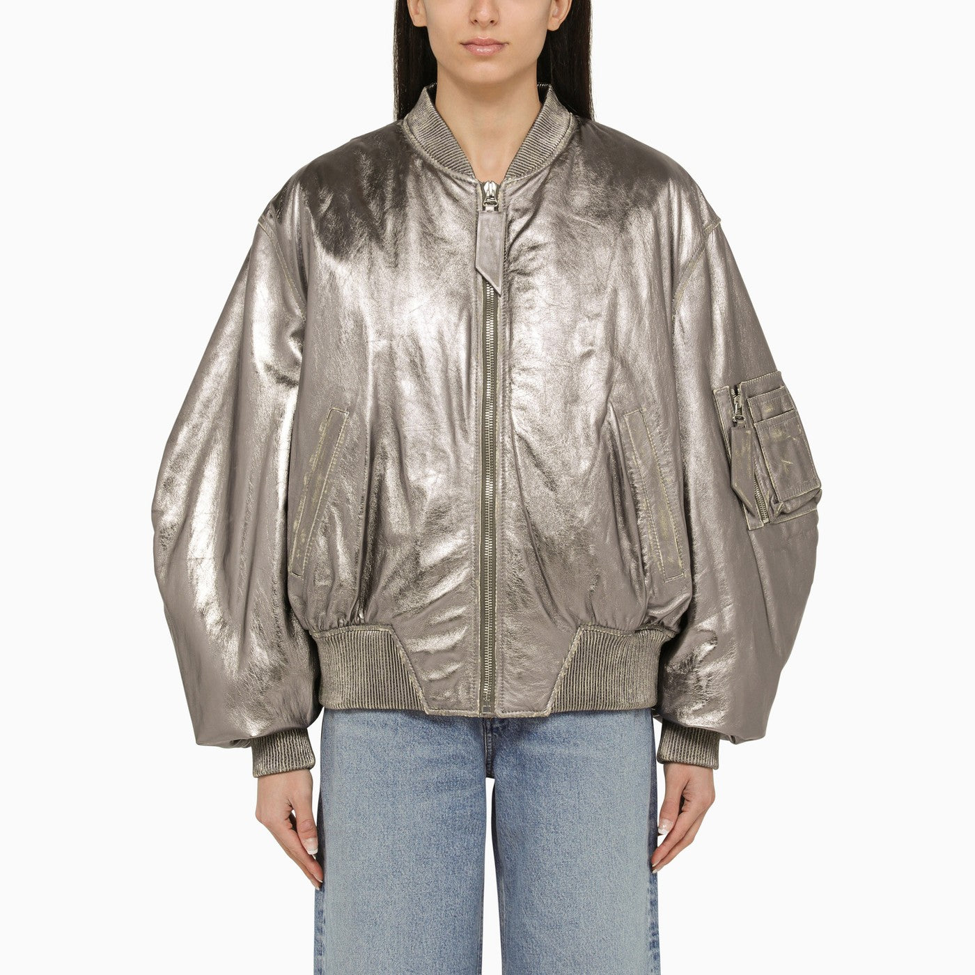 The Attico Anya Silver Leather Bomber Jacket