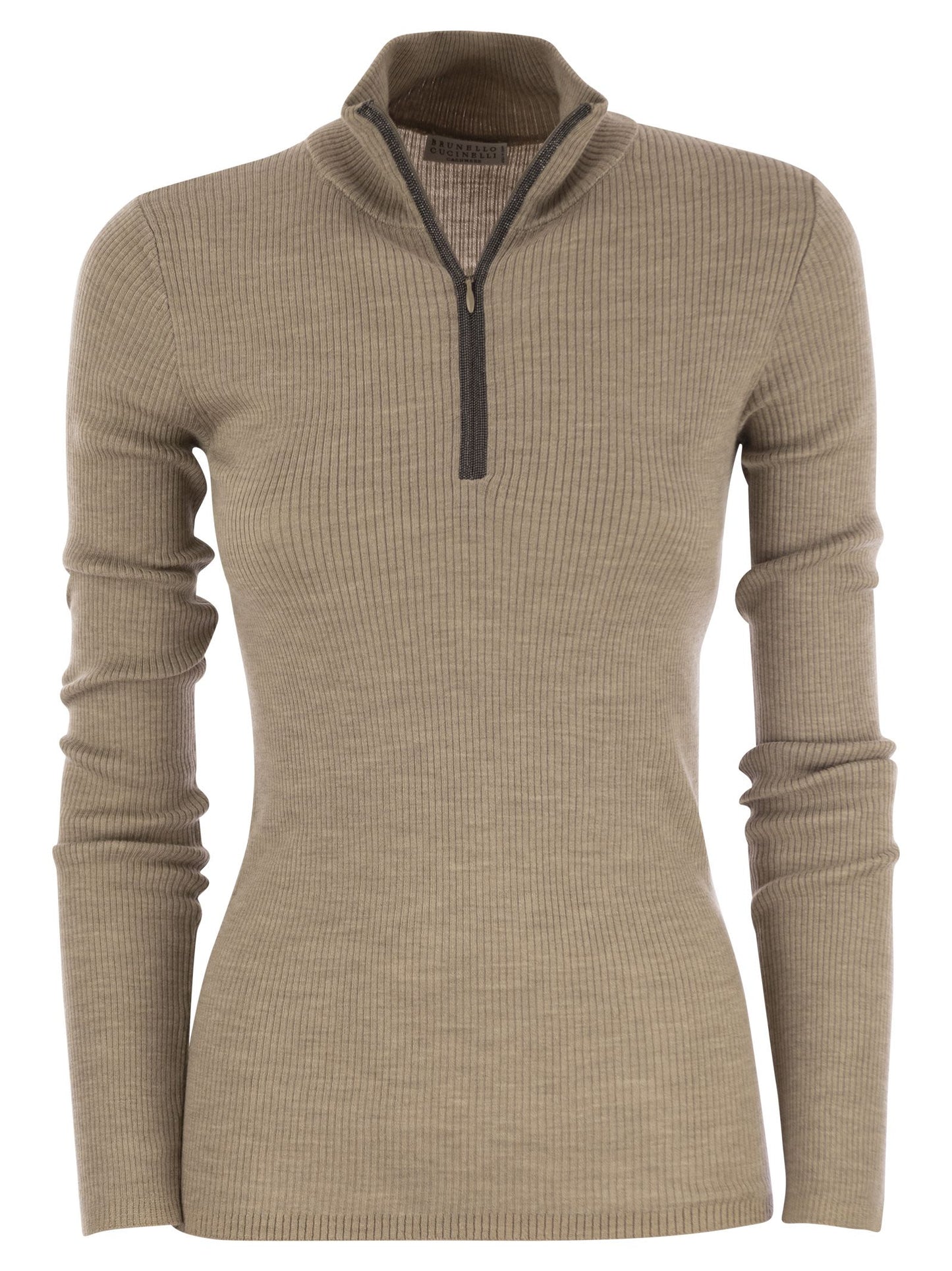 Brunello Cucinelli Lightweight Ribbed Virgin Wool And Cashmere Sweater With Precious Half Zip